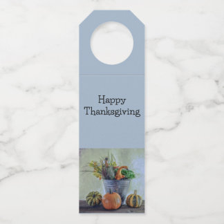 Herbststillleben mit Kürbissen, Blumen Flaschenanhänger