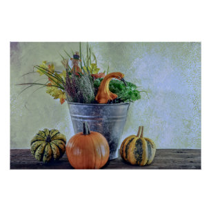 Herbststillleben mit Kürbissen, Blumen Poster