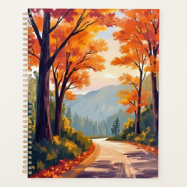 Herbststraße | Wasserfarben Herbstlaub Blätter Planer (Vorderseite)