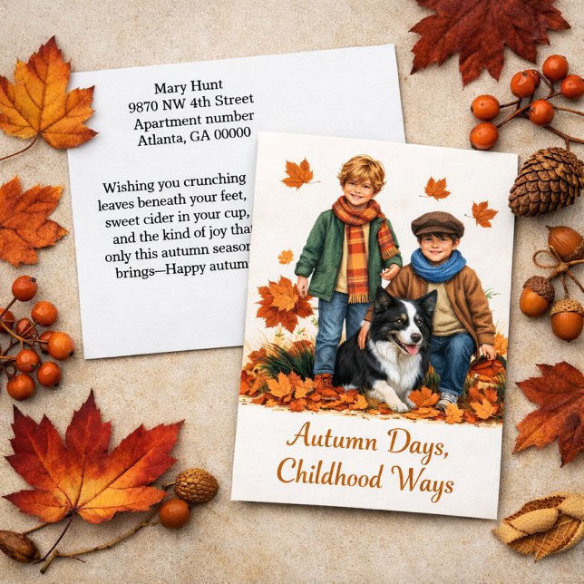 Herbsttage Kinder und Grenzkollie Postkarte (Von Creator hochgeladen)