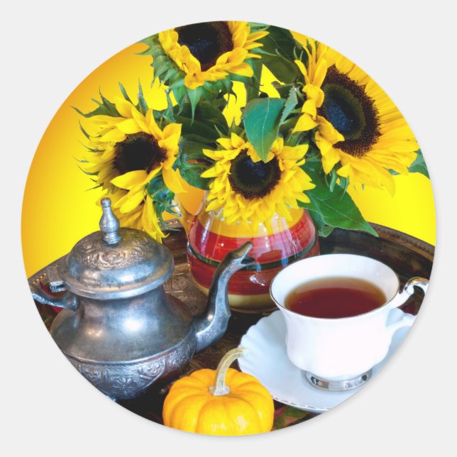 Herbsttee-Service mit Sonnenblumen Runder Aufkleber (Vorderseite)