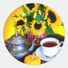 Herbsttee-Service mit Sonnenblumen Runder Aufkleber