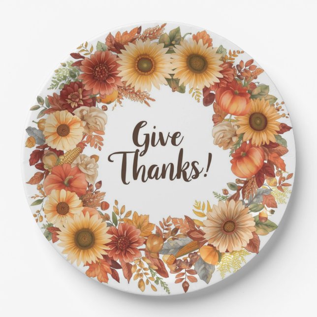 Herbstthematischer Erntedank mit Blume Kürbis Pappteller (Vorderseite)