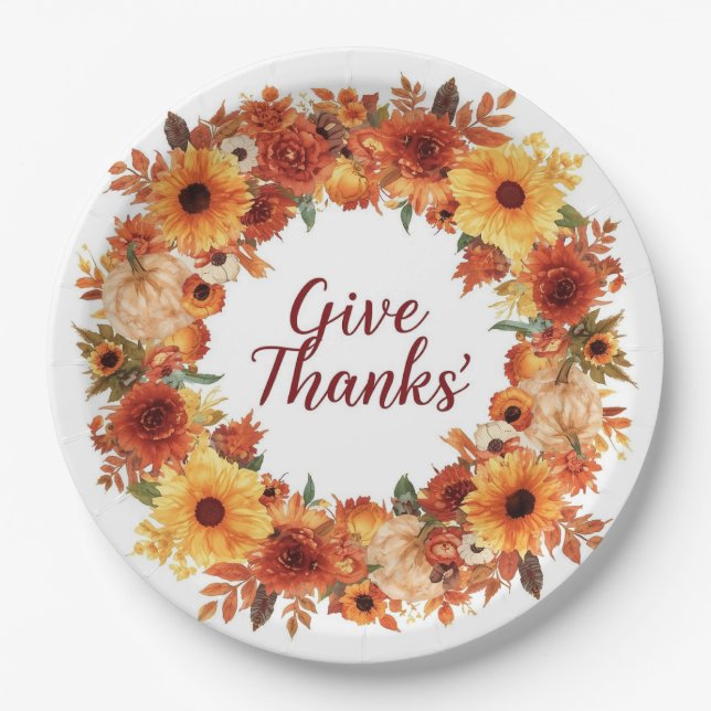 Herbstthematischer Erntedank mit Blume Kürbis Pappteller (Vorderseite)