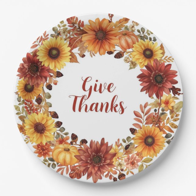 Herbstthematischer Erntedank mit Blume Kürbis Pappteller (Vorderseite)