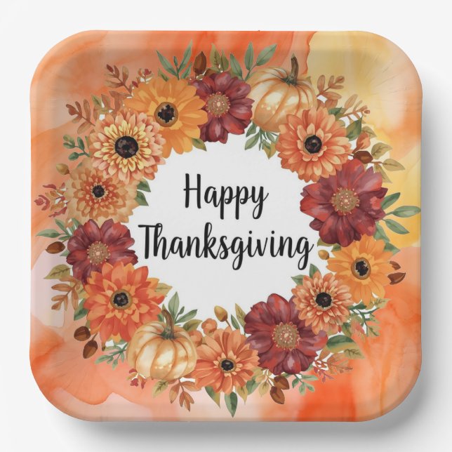 Herbstthematischer Erntedank mit Blume Kürbis Pappteller (Vorderseite)