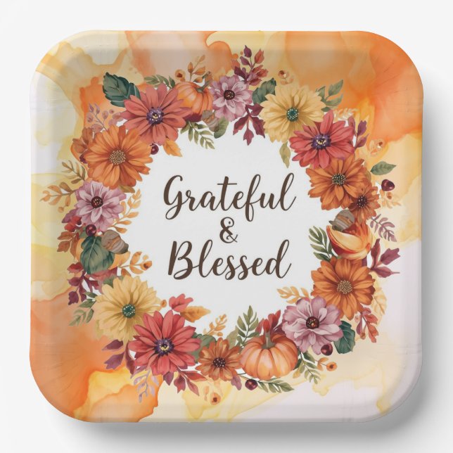 Herbstthematischer Erntedank mit Blume Kürbis Pappteller (Vorderseite)