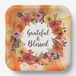 Herbstthematischer Erntedank mit Blume Kürbis Pappteller