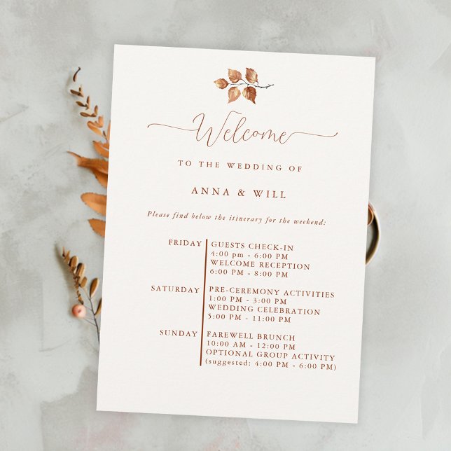Herbsturlaub Elegante Hochzeit im Herbst Boho Einladung (autumn fall wedding itinerary elegant bohemian terracotta calligraphy modern simple leaves foliage)