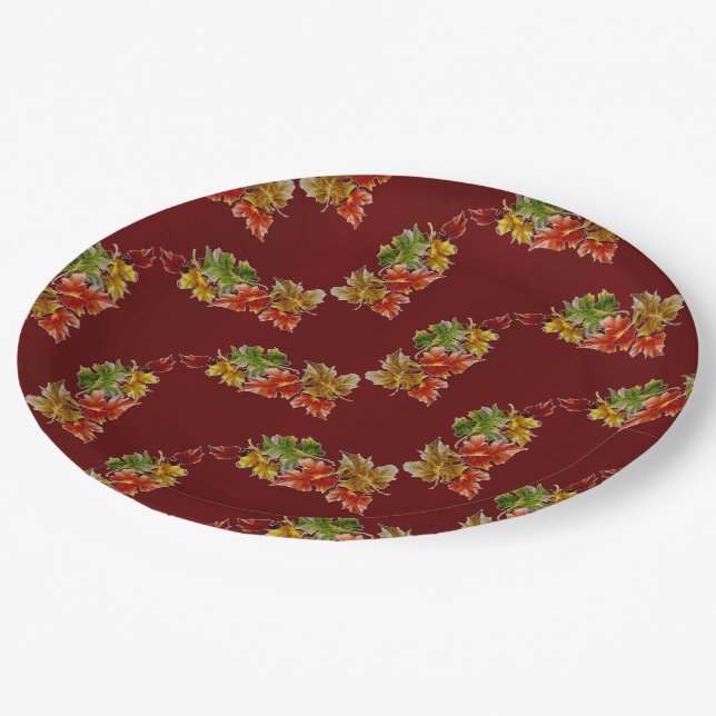 Herbstverlässt Muster-Burgunder-Teller Pappteller (Schrägansicht)