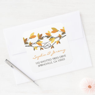 Herbstverlösche Knotted Liebe Trees Whimsical Wedd Quadratischer Aufkleber