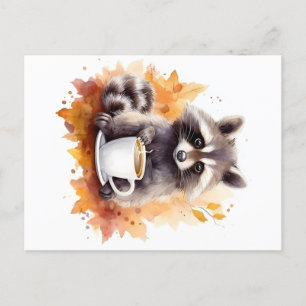 Herbstvibes Raccoon mit Tasse Kaffee Postkarte