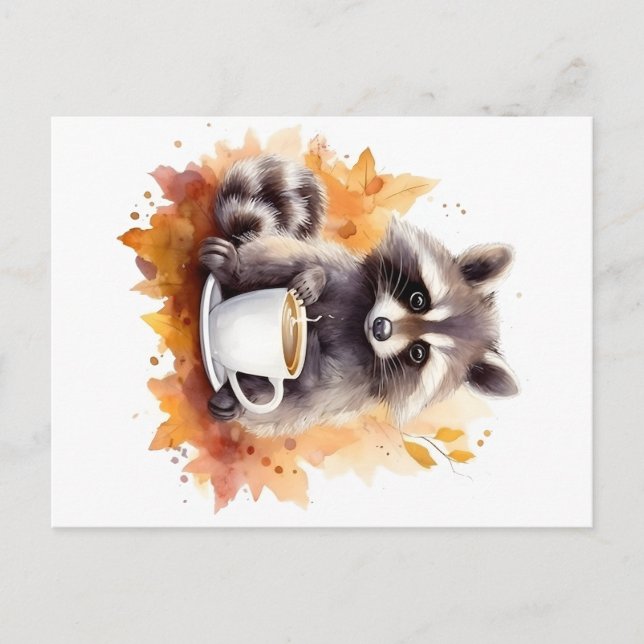 Herbstvibes Raccoon mit Tasse Kaffee Postkarte (Vorderseite)