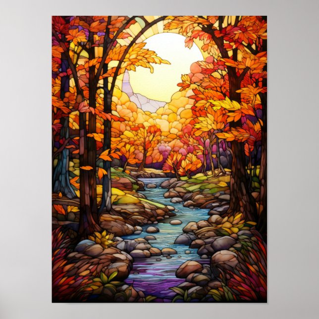 Herbstwald-Bach-Buntglasfenster-Design  Poster (Vorne)