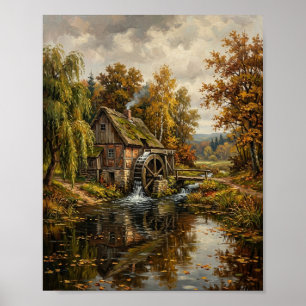 Herbstwald-Bach-Holz-Wassermühle II Poster