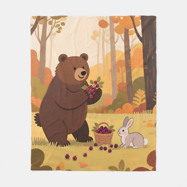 Herbstwald Bär Kaninchen Fleecedecke (Vorderseite)