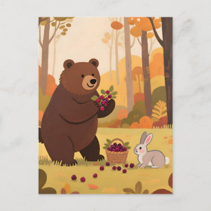Herbstwald Bär Kaninchen Postkarte