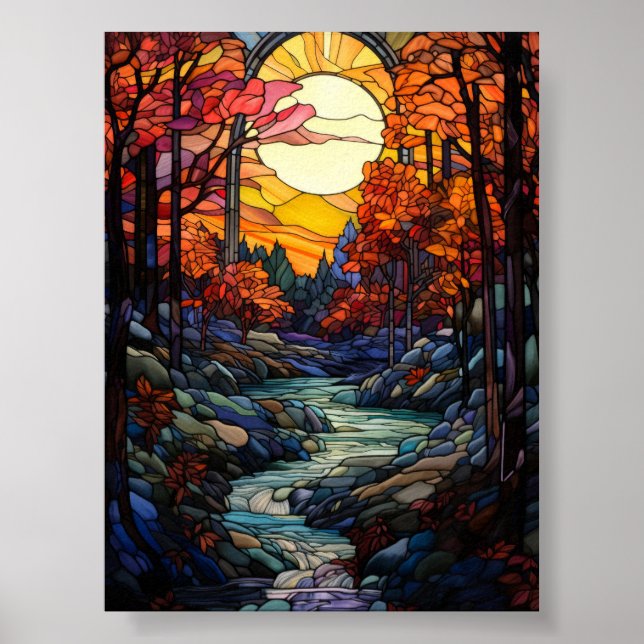 Herbstwald-Buntglas mit Bergbach Poster (Vorne)