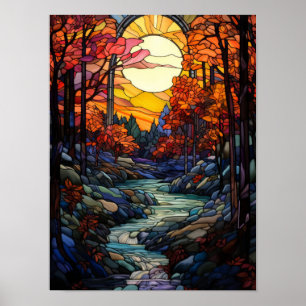Herbstwald-Buntglas mit Bergbach Poster
