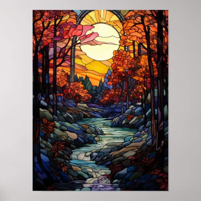 Herbstwald-Buntglas mit Bergbach Poster (Vorne)