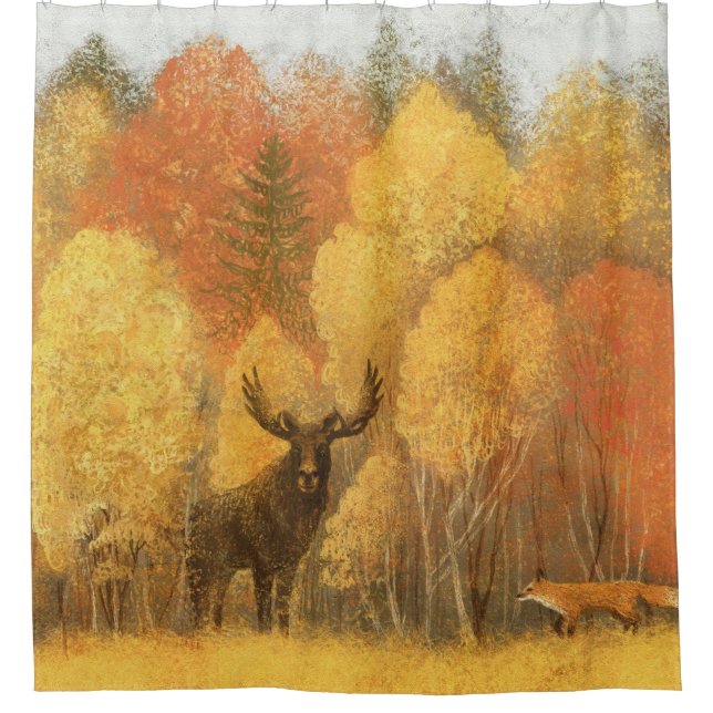 Herbstwald, digitales Reh und Fuchs. Duschvorhang (Vorderseite)
