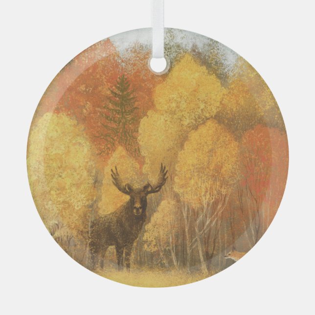Herbstwald, digitales Reh und Fuchs. Ornament Aus Glas (Vorderseite)