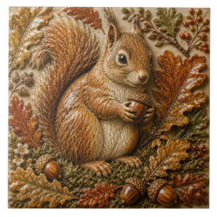 Herbstwald Eichhörnchen mit Eichel und Eichenblätt Fliese