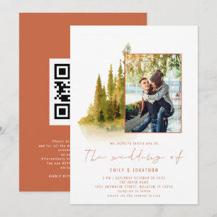 Herbstwald Foto QR Code Terrakotta Hochzeit Einladung