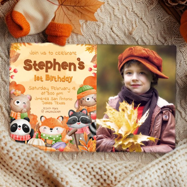 Herbstwald Geburtstag mit Foto Einladung (Autumn Woodlands Birthday with Photo Invitation)