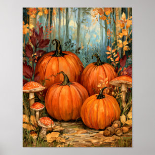 Herbstwald mit Kürbissen und Pilzen, Poster