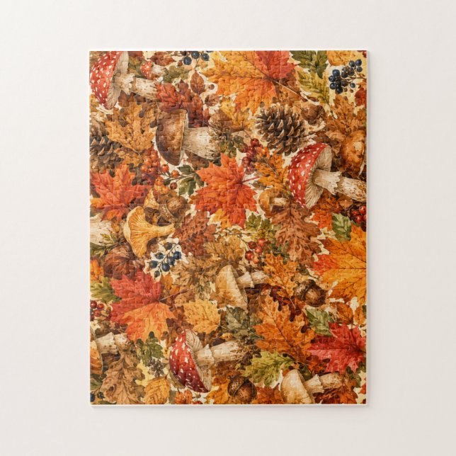 Herbstwald-Pilzmuster | Gemütliche Herbstblätter Puzzle (Vertikal)