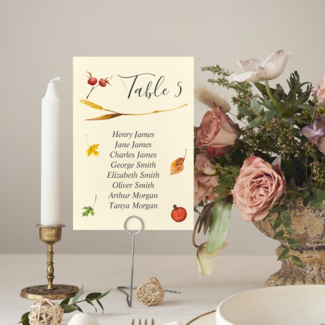 Herbstwald Rustikale Hochzeitssemonie Tischnummer (Autumn Wedding Table Number Cards with guest names)