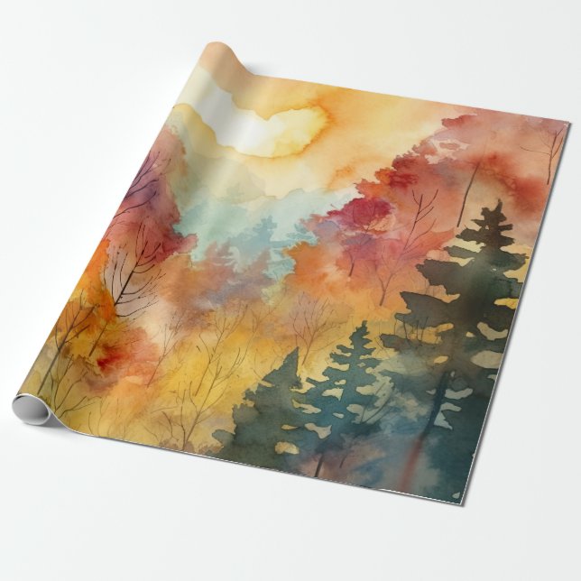 Herbstwald Wasserfarben-Glanz Geschenkpapier (Ungerollt)
