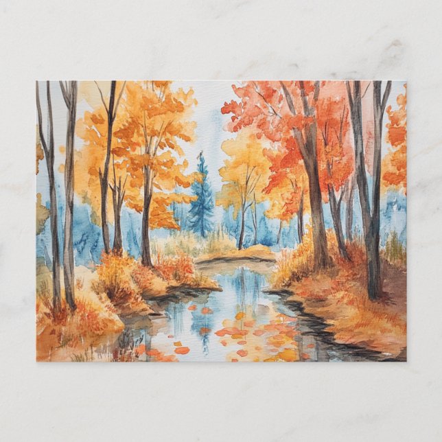 Herbstwald Wasserfarben Kunst Postkarte (Vorderseite)