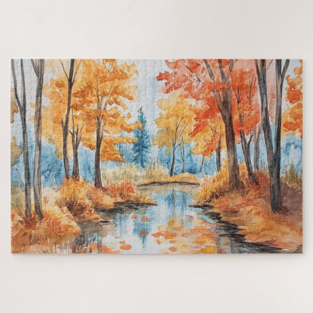 Herbstwald Wasserfarben Kunst Puzzle (Horizontal)