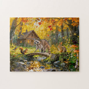 Herbstwaldhütte mit Waldtieren und Pilzen Puzzle