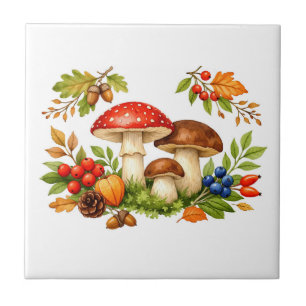 Herbstwaldpilze, Beeren und Blätter Natur Fliese