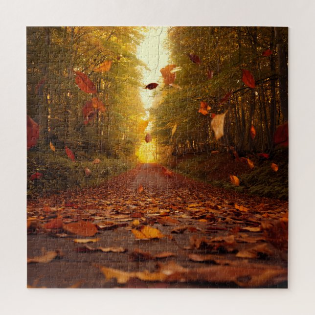 Herbstwaldweg fallende Blätter Puzzle (Vertikal)