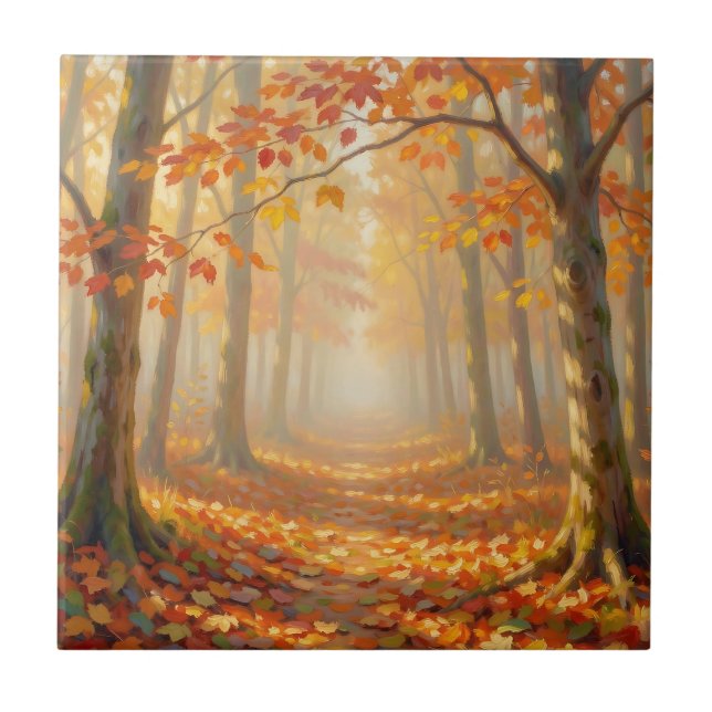 Herbstwaldweg Malerische Landschaftskunst Fliese (Vorderseite)