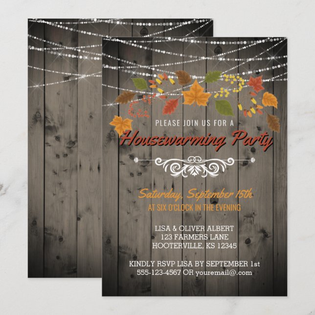 Herbstwärmendes Party Rustikale Holzsäulenleuchten Einladung (Vorne/Hinten)