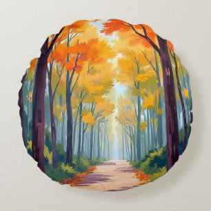 Herbstweg Herbstlaubmalerei Rundes Kissen