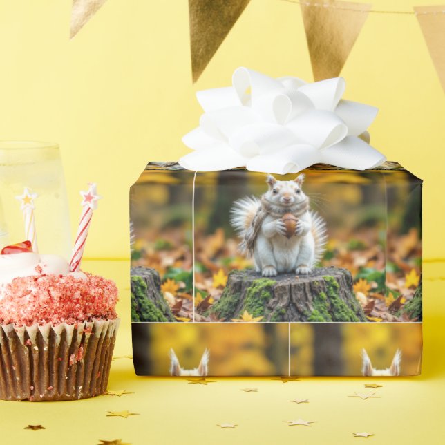 Herbstweißes Eichhörnchen auf einem Baumstumpf Geschenkpapier (Geburtstagsparty)