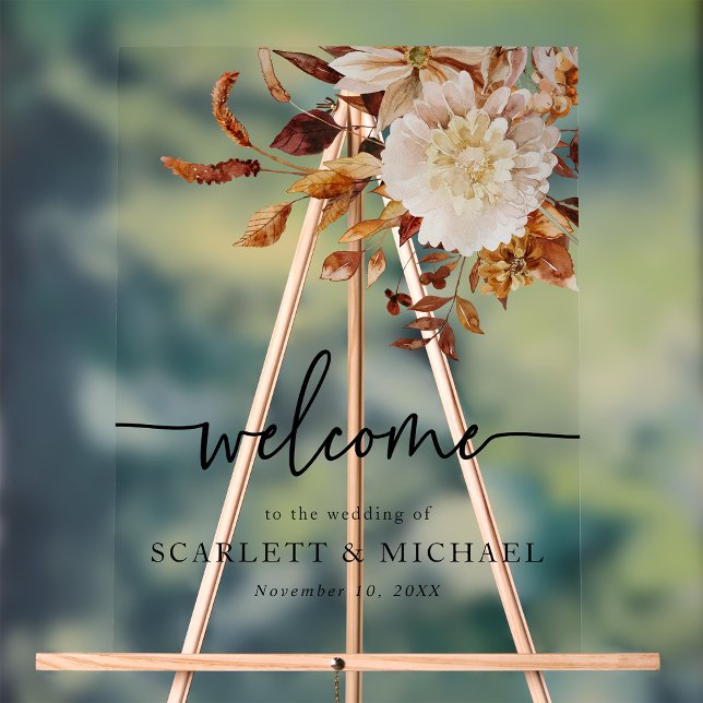 Herbstwillkommen Hochzeitssymbol Acrylschild (Fall Floral Welcome Wedding Acrylic Sign by Painted Paperie
)