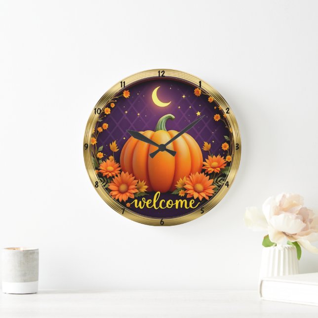 Herbstwillkommene Uhr: Pumpkin Moonlight Sydney Große Wanduhr (Zuhause)