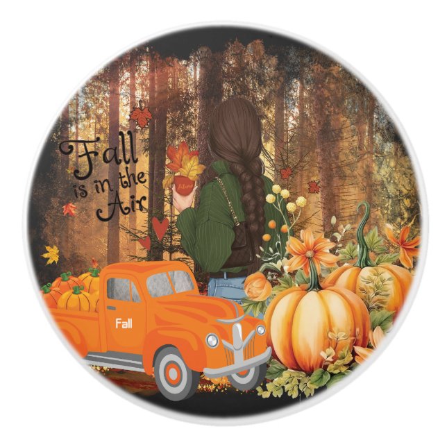 Herbstwoben, ein Auto, das mit Kürbis beladen wird Keramikknauf (Vorderseite)