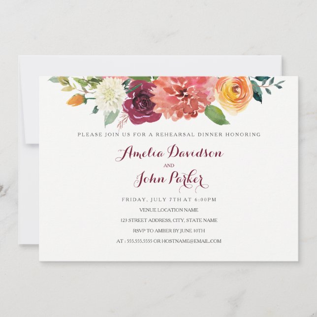 Herbstwochenende Hochzeitsessen mit floraler Probe Einladung (Vorderseite)