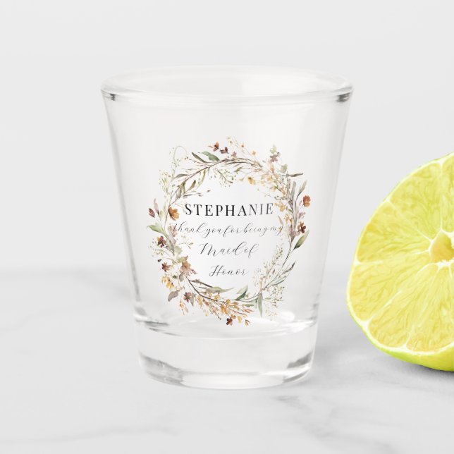 Herbstwochenende Trauzeugin Blumenzwiese Schnapsglas (Vorderseite)
