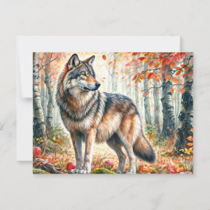 Herbstwolf mit Äpfeln im Herbstwald Postkarte