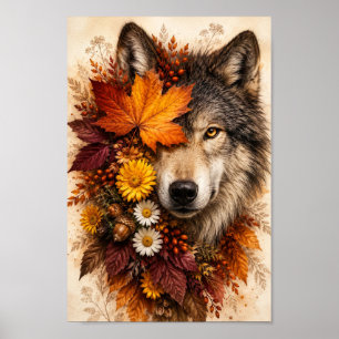 Herbstwolf-Wildtier-Blumenillustrationsporträt Poster
