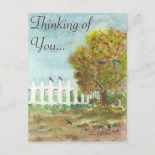 Herbstzaun und Baum mit Vogelfarbe Postkarte